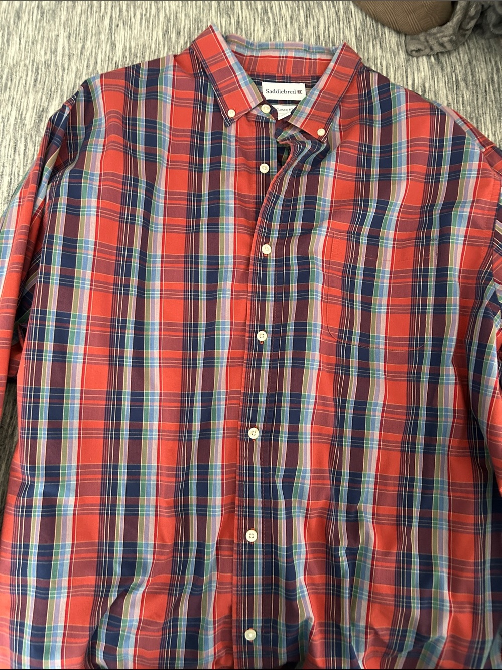 Saddlebred Coral Red Plaid Button-Down Shirt with Navy Accents